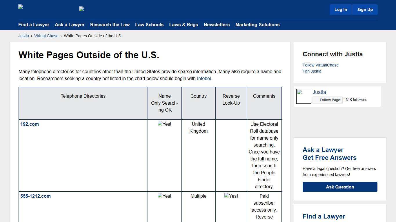 White Pages Outside of the U.S. :: Justia Virtual Chase